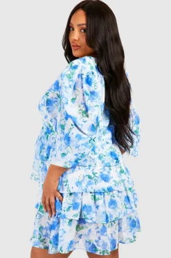 Skater Dresses*boohoo Plus Floral Chiffon Tiered Frill Skater Dress blue