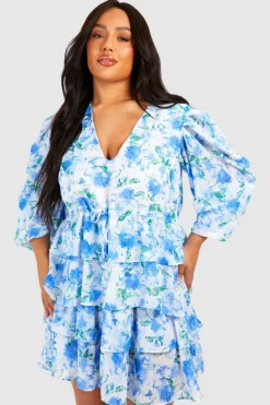 Skater Dresses*boohoo Plus Floral Chiffon Tiered Frill Skater Dress blue