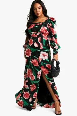 Skater Dresses*boohoo Plus Floral Corset Detail Maxi Milkmaid Dress black