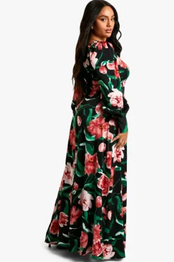 Skater Dresses*boohoo Plus Floral Corset Detail Maxi Milkmaid Dress black