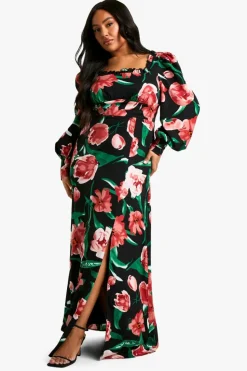 Skater Dresses*boohoo Plus Floral Corset Detail Maxi Milkmaid Dress black