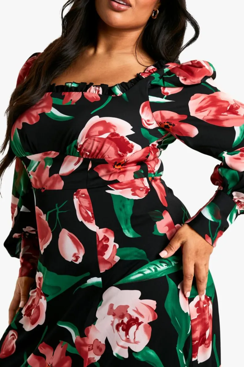 Skater Dresses*boohoo Plus Floral Corset Detail Maxi Milkmaid Dress black