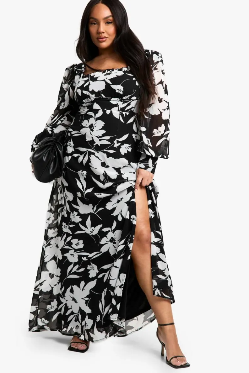 Skater Dresses*boohoo Plus Floral Corset Detail Maxi Milkmaid Dress black
