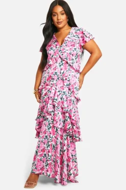 Smock Dresses*boohoo Plus Floral Frill Detail Ruffle Maxi Dress pink