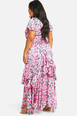 Smock Dresses*boohoo Plus Floral Frill Detail Ruffle Maxi Dress pink