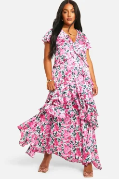 Smock Dresses*boohoo Plus Floral Frill Detail Ruffle Maxi Dress pink
