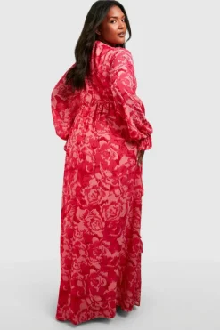 Smock Dresses*boohoo Plus Floral Frill Plunge Ruffle Maxi Dress pink