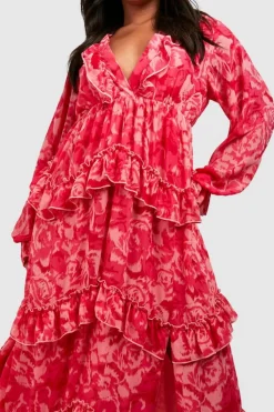 Smock Dresses*boohoo Plus Floral Frill Plunge Ruffle Maxi Dress pink