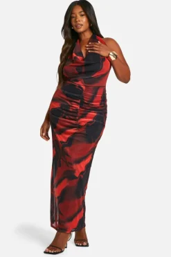 Bodycon Dresses*boohoo Plus Floral Mesh Cowl Neck Maxi Dress red