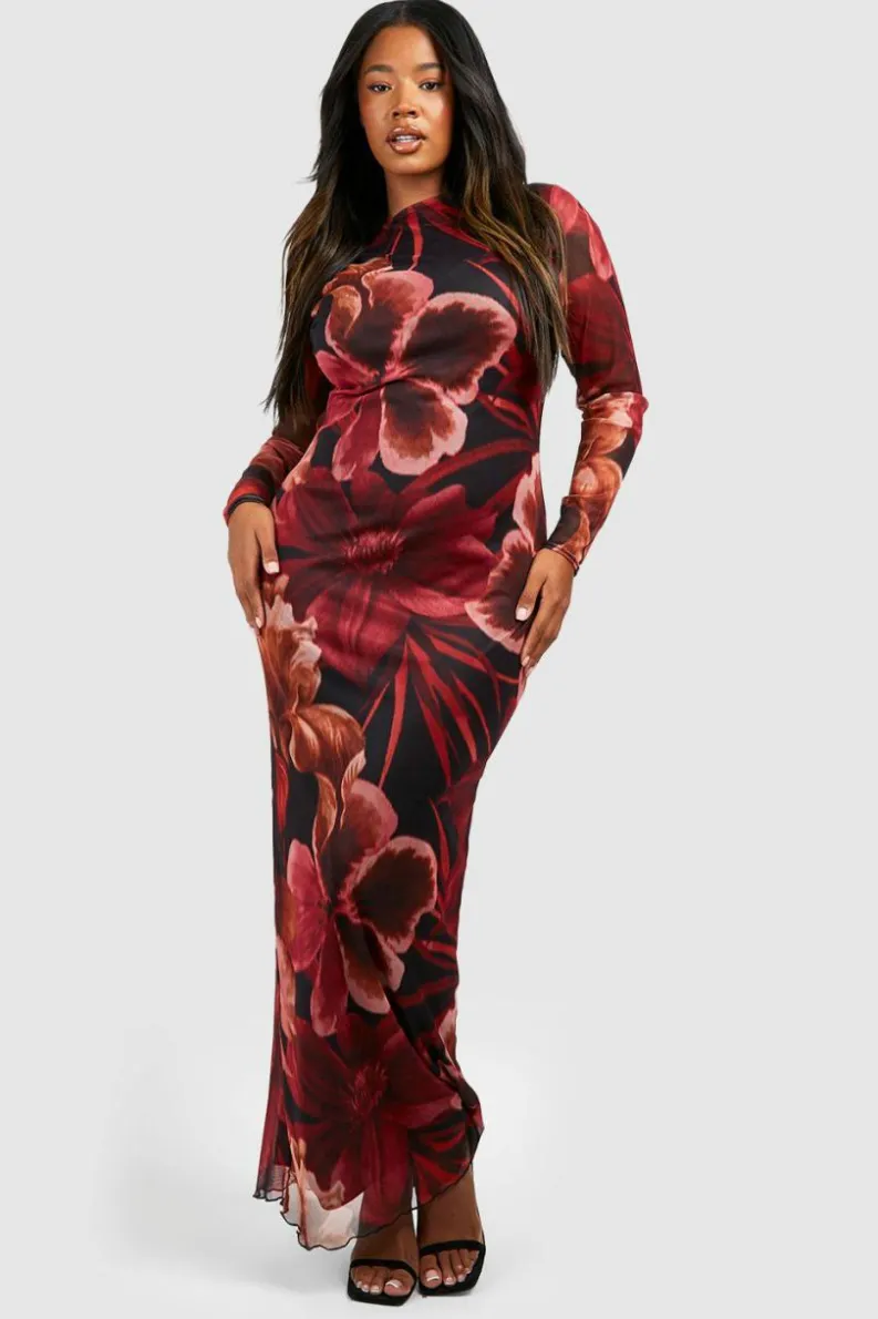 Maxi Dresses*boohoo Plus Floral Mesh Low Back Maxi Dress black
