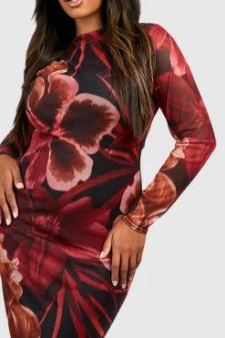 Maxi Dresses*boohoo Plus Floral Mesh Low Back Maxi Dress black