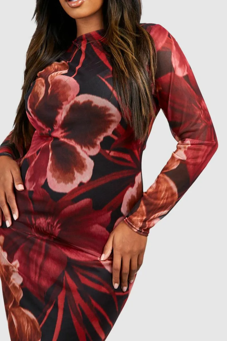 Maxi Dresses*boohoo Plus Floral Mesh Low Back Maxi Dress black