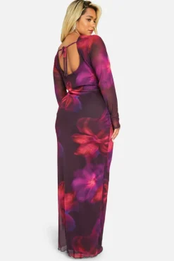 Bodycon Dresses|Maxi Dresses*boohoo Plus Floral Mesh Low Back Maxi Dress purple