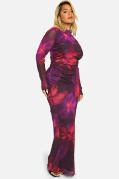 Bodycon Dresses|Maxi Dresses*boohoo Plus Floral Mesh Low Back Maxi Dress purple