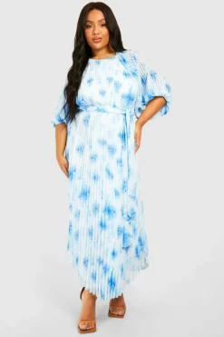 Midi Dresses*boohoo Plus Floral Pleated Puff Sleeve Midi Dress blue
