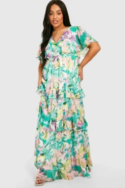 Smock Dresses*boohoo Plus Floral Print Angel Sleeve Maxi Dress green