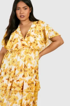 Skater Dresses*boohoo Plus Floral Print Angel Sleeve Maxi Dress yellow