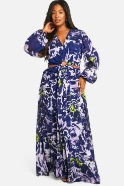Skater Dresses|Maxi Dresses*boohoo Plus Floral Print Chiffon Cut Out Maxi Dress blue