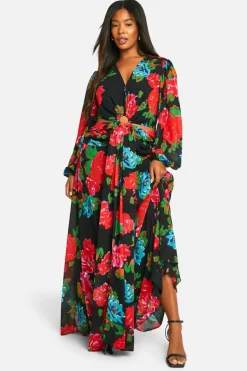 Skater Dresses*boohoo Plus Floral Print Chiffon Cut Out Maxi Dress black