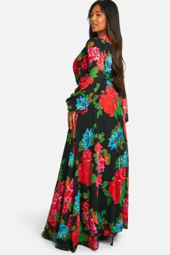 Skater Dresses*boohoo Plus Floral Print Chiffon Cut Out Maxi Dress black