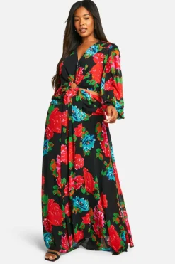 Skater Dresses*boohoo Plus Floral Print Chiffon Cut Out Maxi Dress black