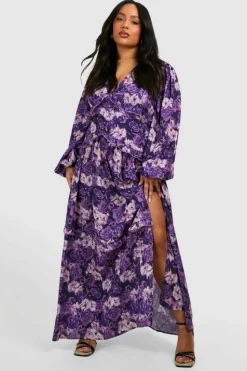 Smock Dresses*boohoo Plus Floral Print Frill Waist Detail Maxi Dress purple