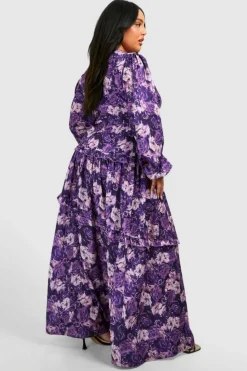 Smock Dresses*boohoo Plus Floral Print Frill Waist Detail Maxi Dress purple