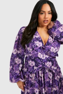 Smock Dresses*boohoo Plus Floral Print Frill Waist Detail Maxi Dress purple