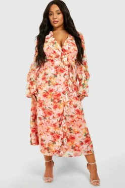 Wrap Dresses|Midi Dresses*boohoo Plus Floral Print Ruffle Wrap Midi Dress orange