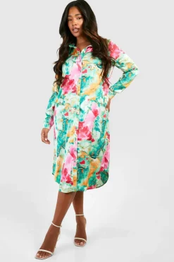 Shirt Dresses|Midi Dresses*boohoo Plus Floral Print Satin Midi Shirt Dress green