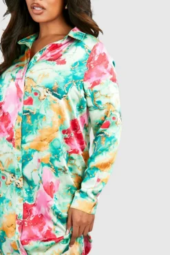 Shirt Dresses|Midi Dresses*boohoo Plus Floral Print Satin Midi Shirt Dress green