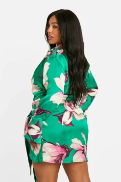 Shirt Dresses|Wrap Dresses*boohoo Plus Floral Print Tie Waist Shirt Wrap Dress green