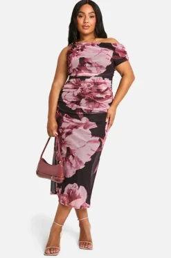 Bodycon Dresses|Midi Dresses*boohoo Plus Floral Print Trim One Shoulder Mesh Midi Dress pink