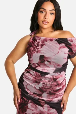 Bodycon Dresses|Midi Dresses*boohoo Plus Floral Print Trim One Shoulder Mesh Midi Dress pink