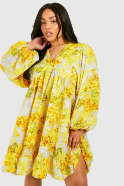 Smock Dresses*boohoo Plus Floral Ruffle Hem Smock Dress yellow