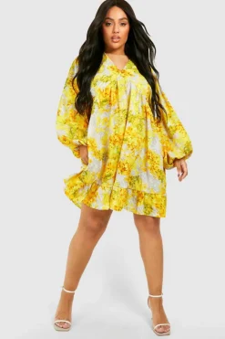 Smock Dresses*boohoo Plus Floral Ruffle Hem Smock Dress yellow