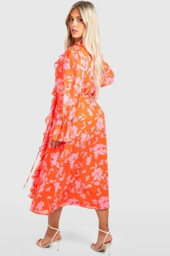 Wrap Dresses*boohoo Plus Floral Ruffle Wrap Dress orange