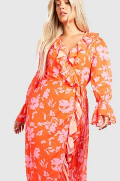 Wrap Dresses*boohoo Plus Floral Ruffle Wrap Dress orange