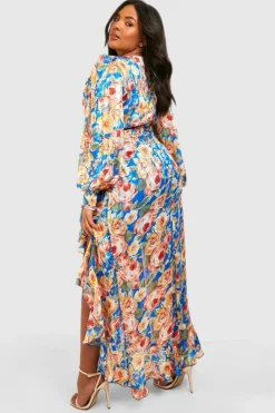 Wrap Dresses*boohoo Plus Floral Ruffle Wrap Maxi Dress blue