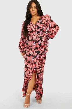 Wrap Dresses*boohoo Plus Floral Ruffle Wrap Maxi Dress pink