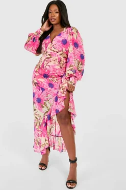 Wrap Dresses|Maxi Dresses*boohoo Plus Floral Ruffle Wrap Maxi Dress pink