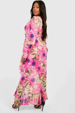 Wrap Dresses|Maxi Dresses*boohoo Plus Floral Ruffle Wrap Maxi Dress pink