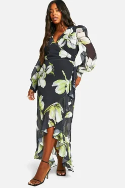 Wrap Dresses|Maxi Dresses*boohoo Plus Floral Ruffle Wrap Maxi Dress black