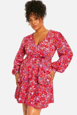 Wrap Dresses|Skater Dresses*boohoo Plus Floral Ruffle Wrap Skater Dress pink