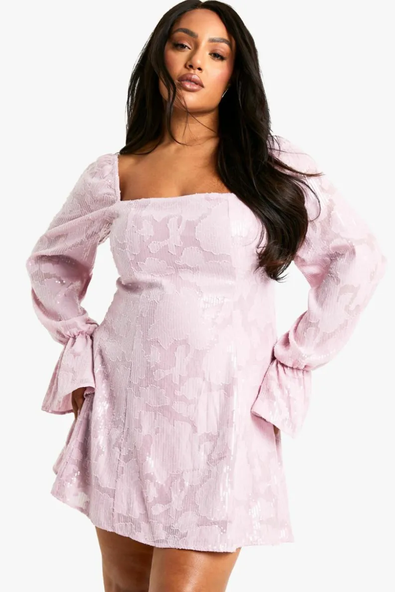 Skater Dresses|Mini Dresses*boohoo Plus Floral Sequin Long Sleeve Skater Dress pink