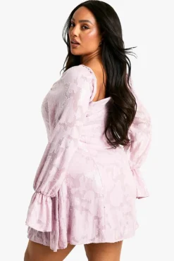 Skater Dresses|Mini Dresses*boohoo Plus Floral Sequin Long Sleeve Skater Dress pink