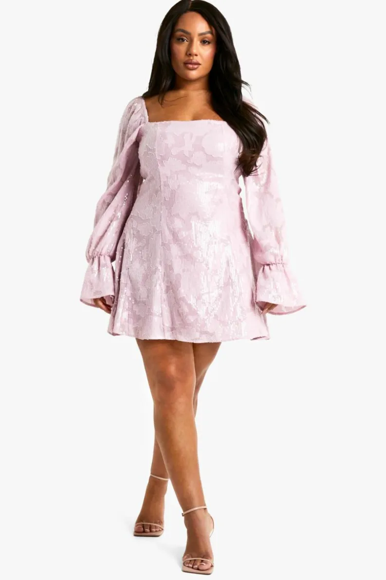 Skater Dresses|Mini Dresses*boohoo Plus Floral Sequin Long Sleeve Skater Dress pink