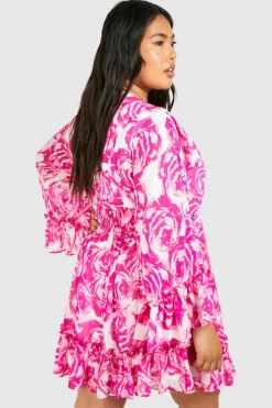 Smock Dresses|Wrap Dresses*boohoo Plus Floral Wrap Extreme Sleeve Smock Dress pink