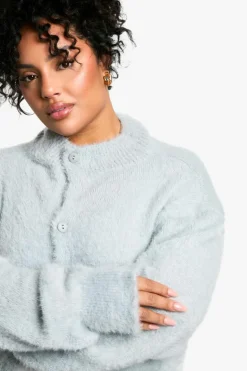 Cardigans*boohoo Plus Fluffy Knit Crew Neck Cardigan ash grey