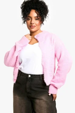 Cardigans|Knitwear*boohoo Plus Fluffy Knit Crew Neck Cardigan pink